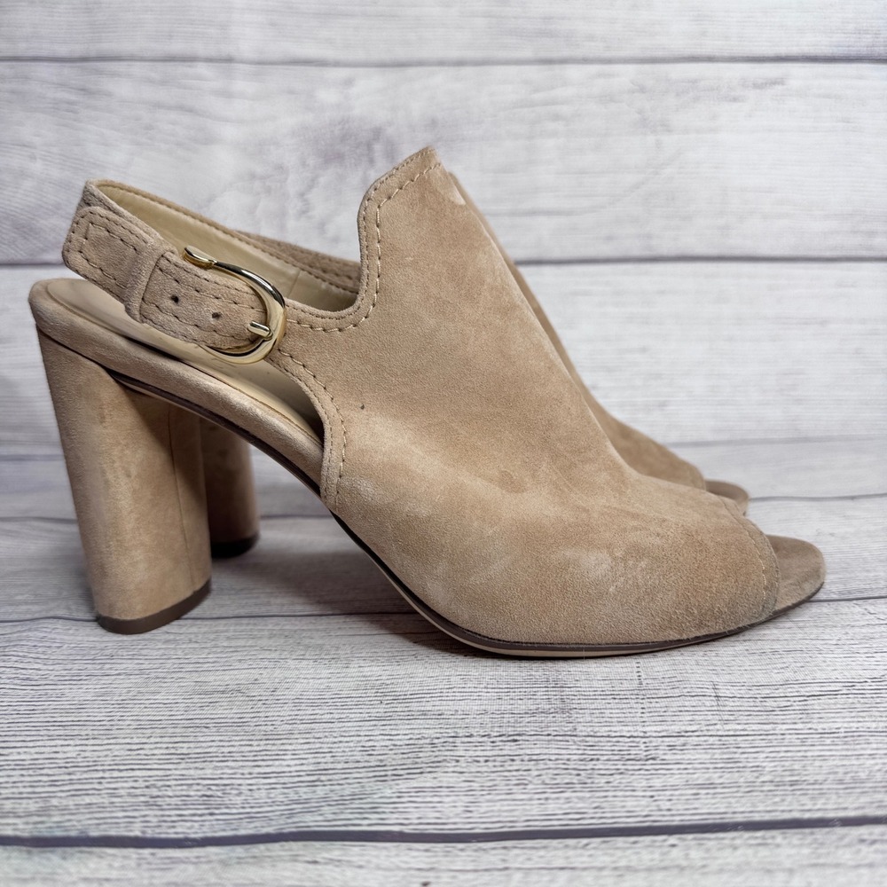 Naturalizer Raquel‎ Tan Suede Peep Toe Slingback Block Heel Sandals Womens 8.5M